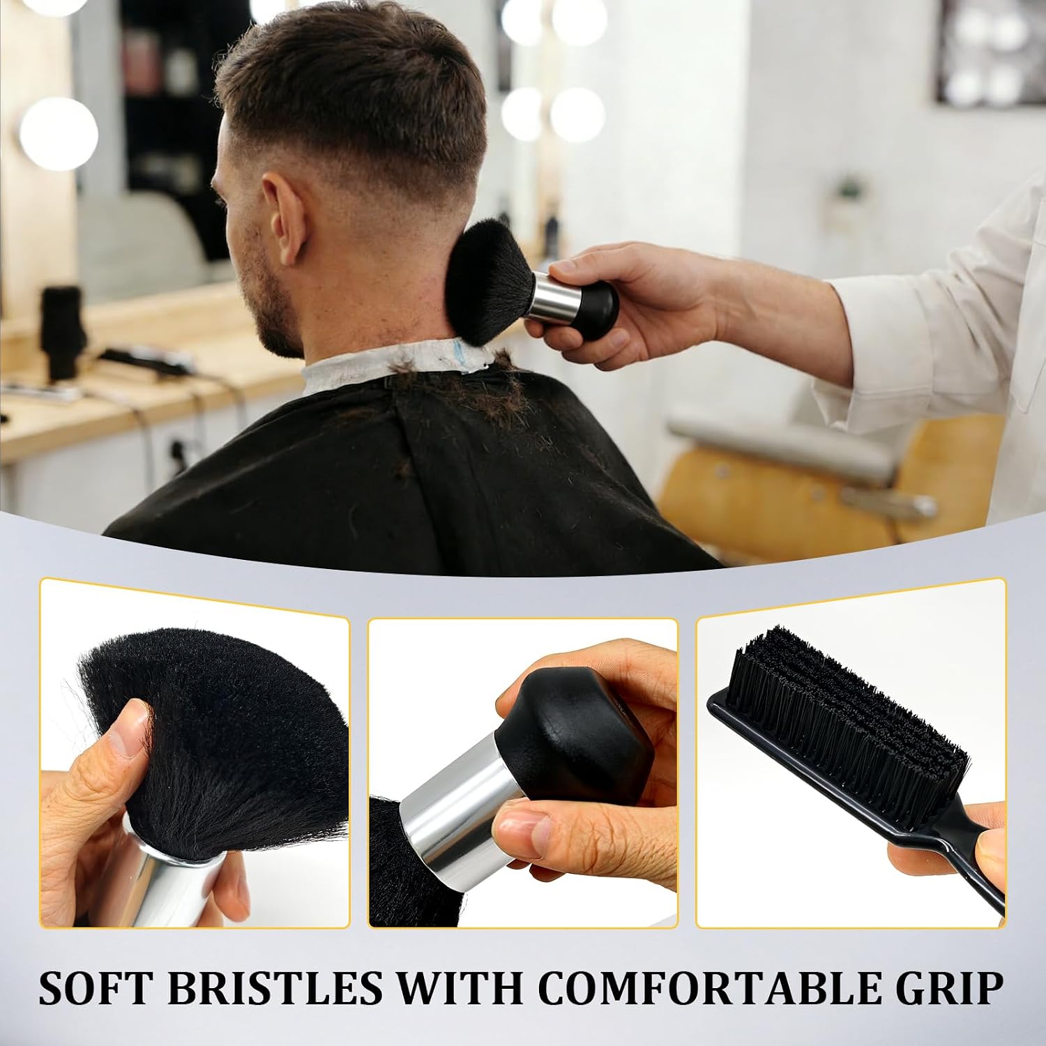 Barber Brush Neck Duster Set, 2 Piece Barber Cleaning Supplies with Soft Hair Duster and Clipper Brush for Hair Cutting, Neckline Cleanup, Salon and Home
