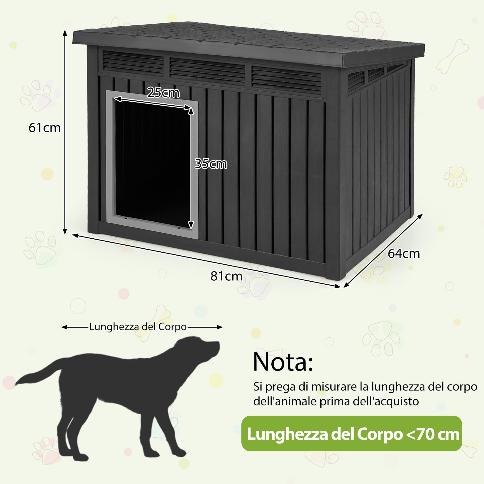 COSTWAY Cuccia per Cani da Interno e Esterno con Tetto Inclinato Apribile | Cassetta per Animali Domestici in PP con Finestre Ventilate a Lamelle e Soglia Rialzata, 81 x 64 x 61 cm