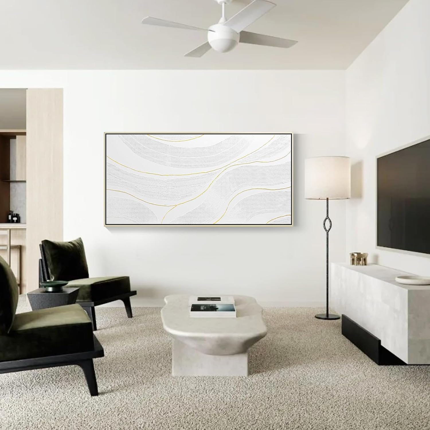 White Hand Painted Oil Painting Wall Art - Large Framed Ocean Waves 3D Textured Home Decor 48x24 Horizontal Canvas Minimalist Artwork Decoration for Living Room Bedroom