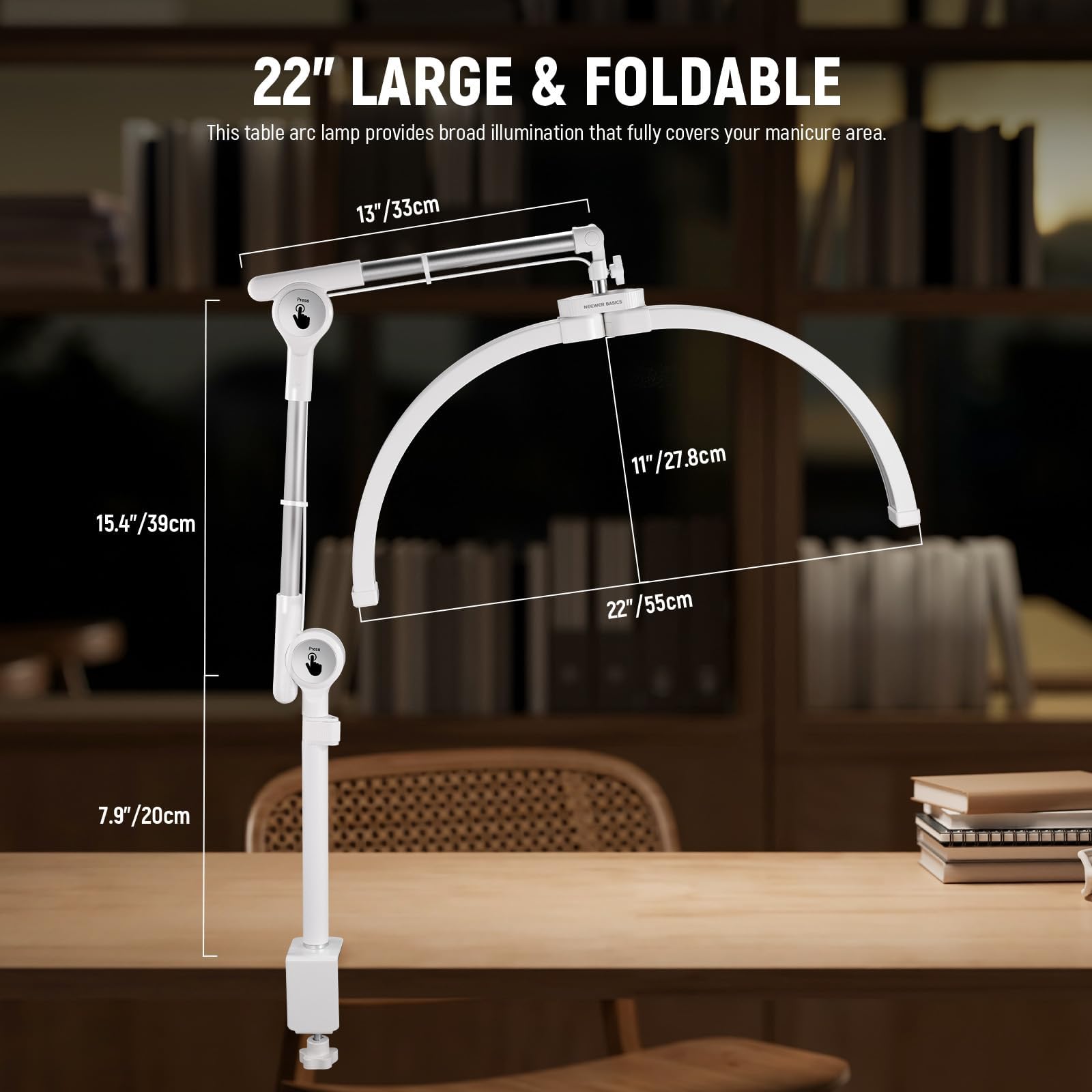 NEEWER Basics HM03-D lampa do paznokci z półksiężycem z ruchomym zaciskiem stołowym i stojakiem/uchwytem na telefon komórkowy, 30 W, składana lampa stołowa LED do makijażu, zabiegów kosmetycznych