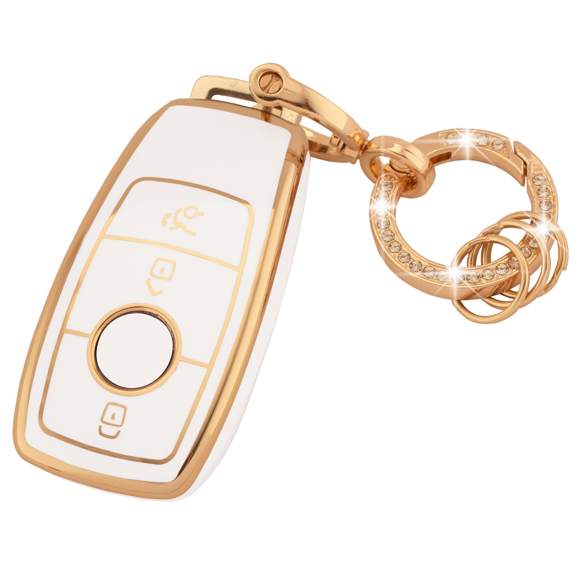 Key Cover for Mercedes Benz 3 Buttons Fit for Mercedes Benz A B C E G S SL CLS Class AMG Soft TPU Key Fob Protector with Bling Key Ring Car Smart Key Fob Case (R-Bz-3L-W)