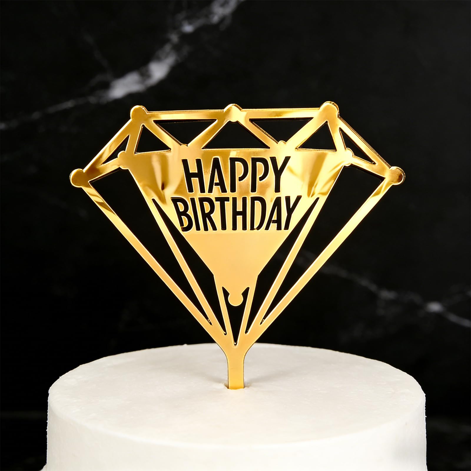 Gold Happy Birthday Cake Topper - Acrylic Diamond Shape Elegant Party Decoration - Reusable Cake Insert Sign for Adult Celebrations