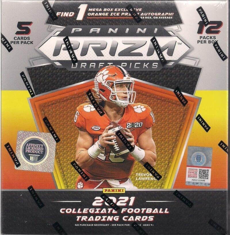 2021 Panini Prizm Draft Picks Collegiate Football Factory Sealed Mega Box 12 Packs of 5 Cards, includes 1 Orange Ice Prizm Autograph. Chase Rookie