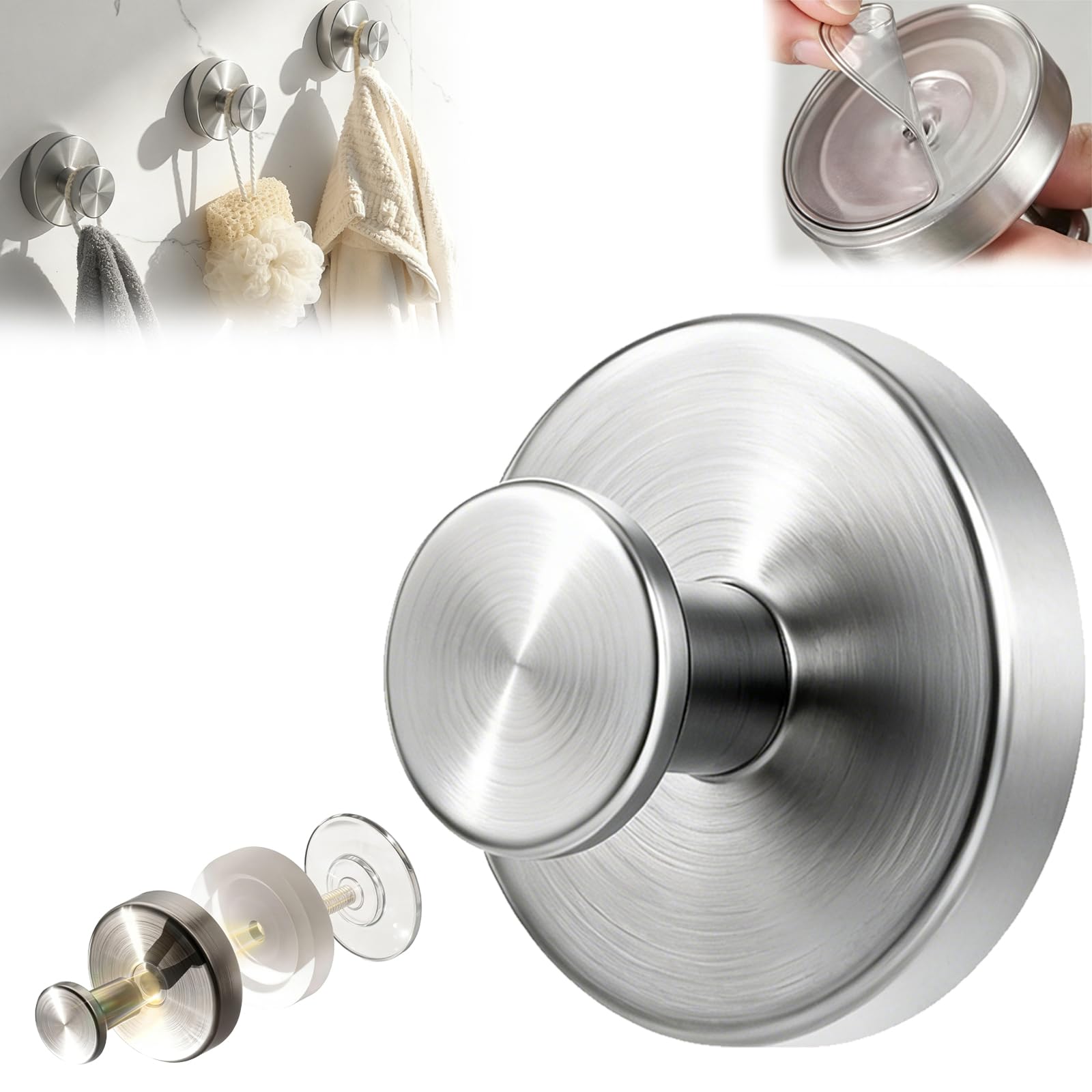 VidFair Suction Hooks,Self Adhesive Hooks for Bathroom,Stainless Steel Waterproof Suction Hooks Without Drilling, Suitable for Bathroom Shower Towel Kitchen Glass Doors 2PCS Brushed Silver