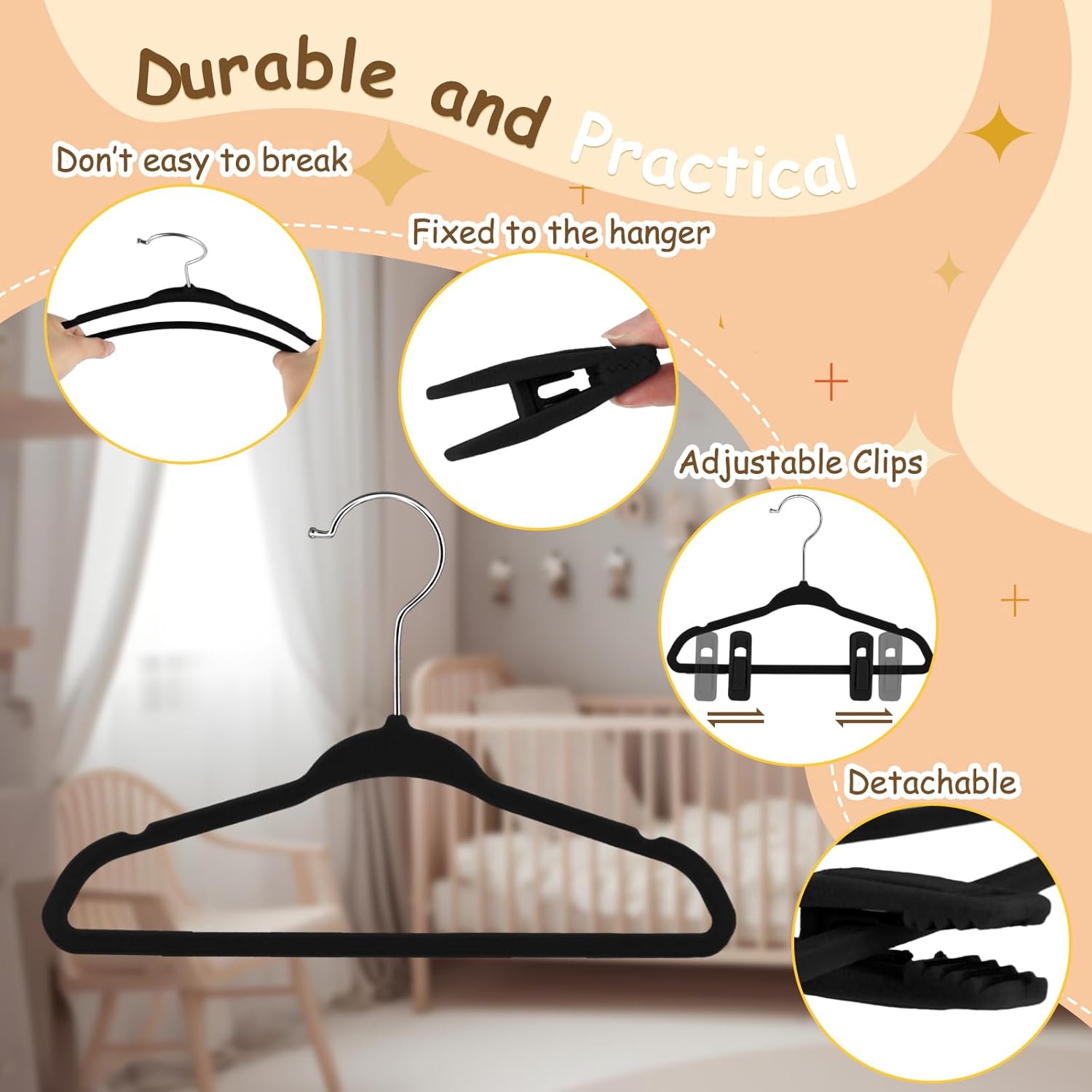 Soaoo 50 Pack Premium Baby Velvet Hangers with Adjustable 100 Clips, Non Slip 11 Inch Slim Kids Closet Organizer for Pants, Dresses & Matching Outfits, Nursery & Toddler Wardrobe (Black)