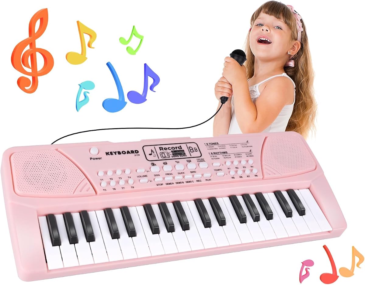 Juguetes de piano para niños, teclado de 37 teclas con micrófono, juguetes musicales para niños pequeños | Altavoz dual, juguetes educativos musicales, regalo de cumpleaños de Navidad para niñas de 3 4 5 6 7 8 años, rosa
