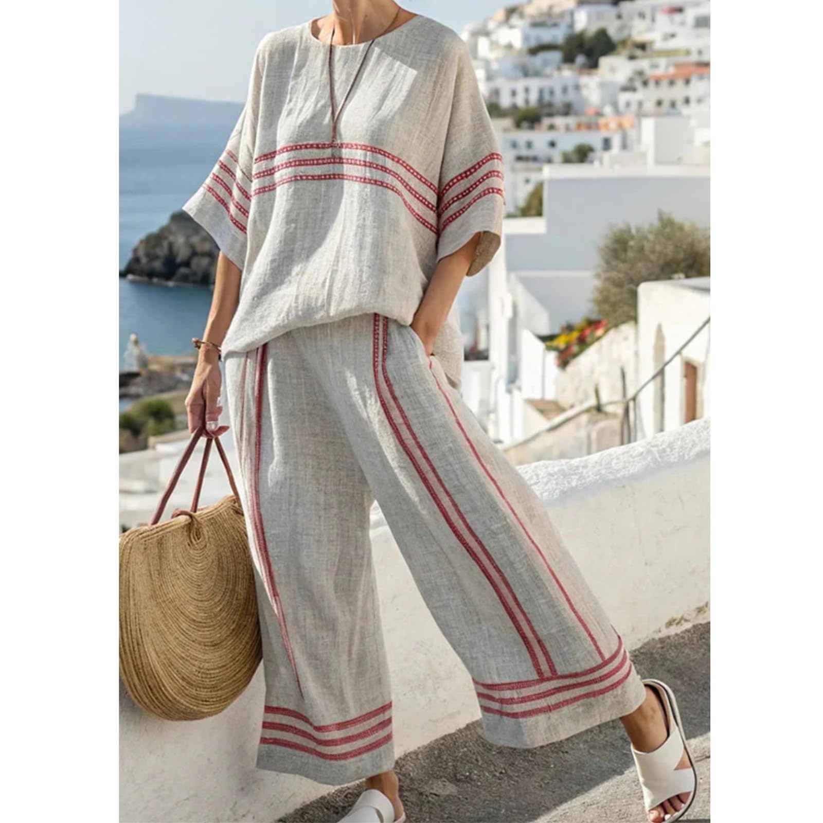 Generisch Set di 2 pezzi da donna in lino con strisce oversize, con camicia e pantaloni a mezza manica larga