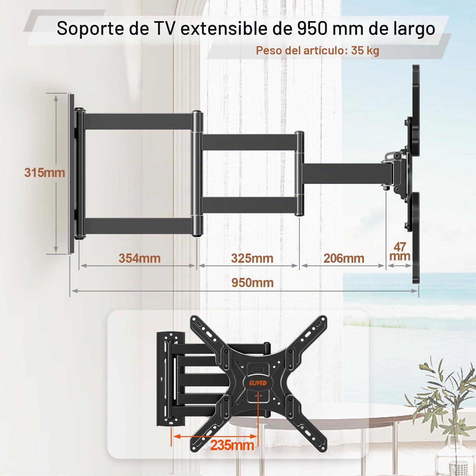 ELIVED Soporte de pared para televisores de 26 a 65 pulgadas (950 mm) | Soporte para TV de esquina extensible, máx. VESA 400 x 400 mm, soporta hasta 35 kg, EV3018