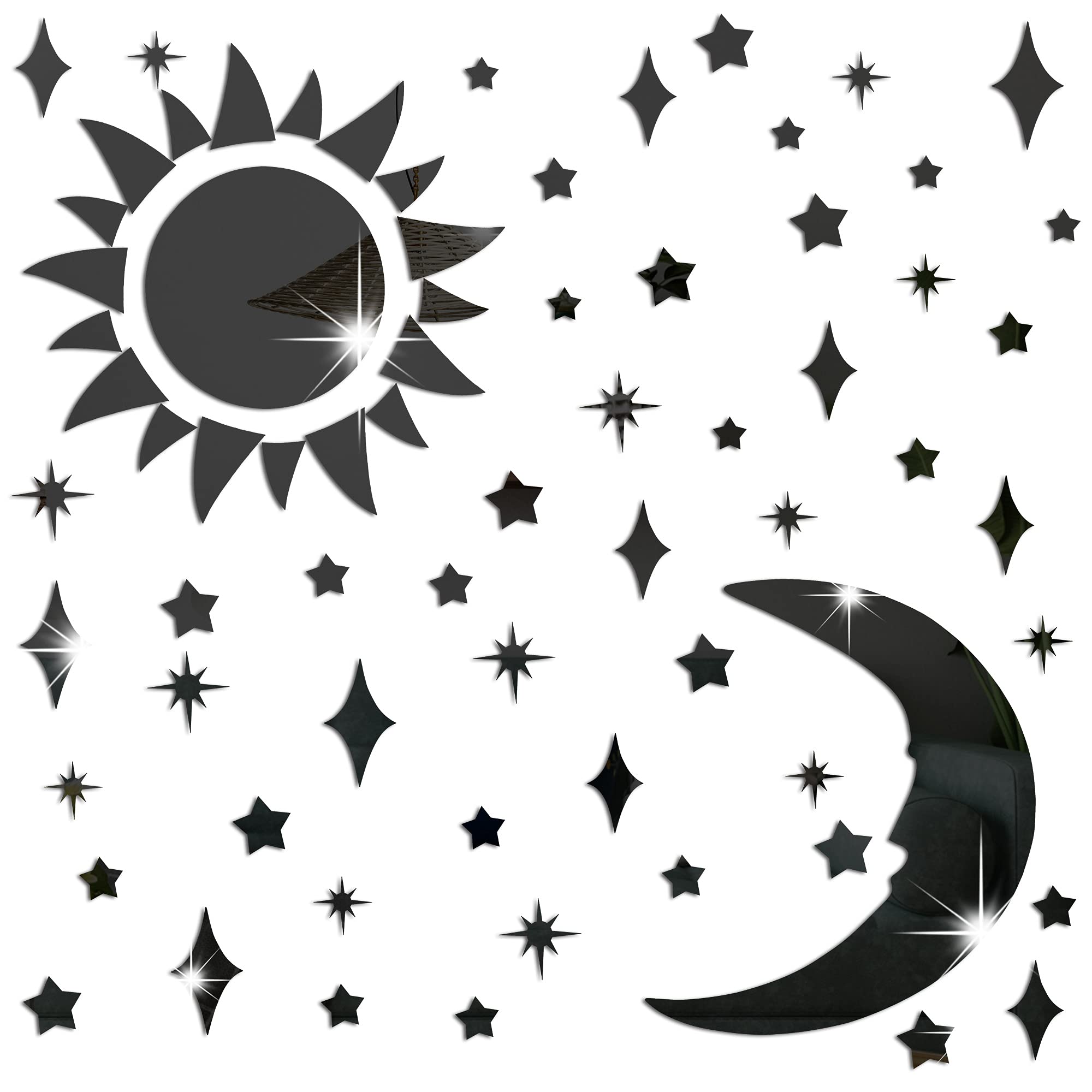 Amaonm Removable 3D Acrylic Mirror Surface Crystal Moon and Stars Wall Decal DIY Home Art Decor Wall Sticker Murals for Kids Boys and Girls Bedroom Room Ceiling Bathroom TV Background (Black)