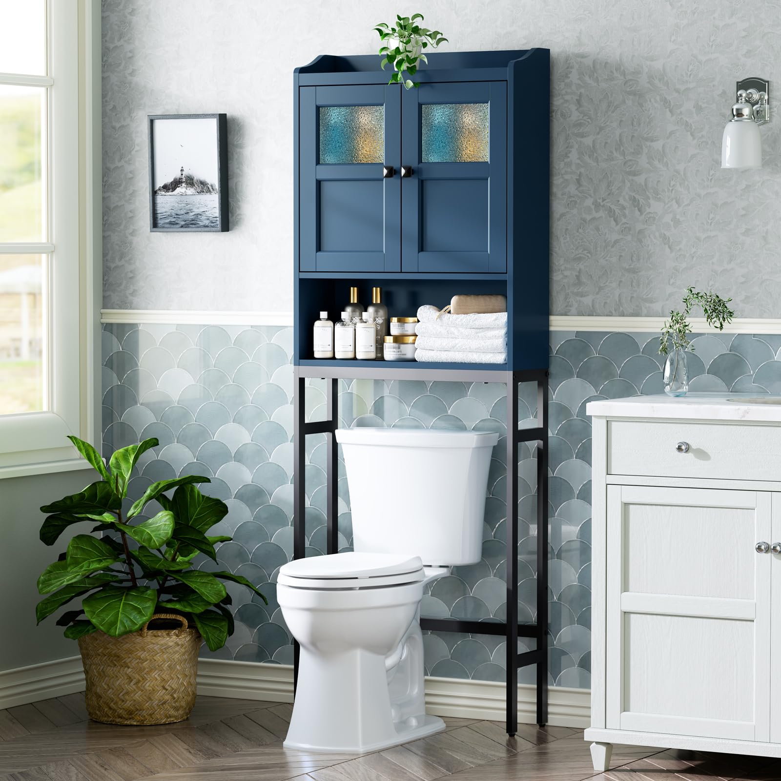 MXARLTR Over The Toilet Storage, Bathroom Storage Cabinet Over Toilet, Above Toilet Storage with Double Doors and Soft Hinges Over Toilet Storage