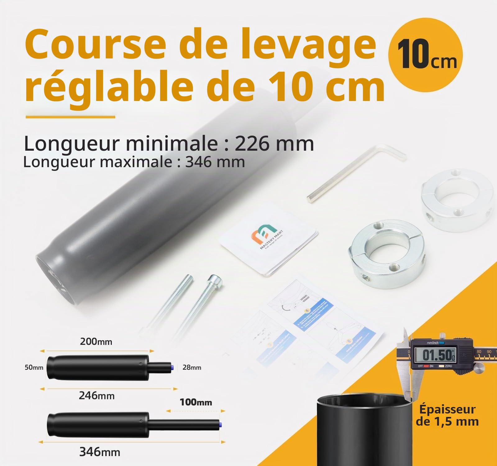 Mastery Mart Vérin à gaz de rechange, avec vérin à gaz de 251 mm à 346 mm pour chaise de bureau, gants, outil de retrait de cylindre, arbre de serrage cylindrique (28 mm), vis longues, clé en L