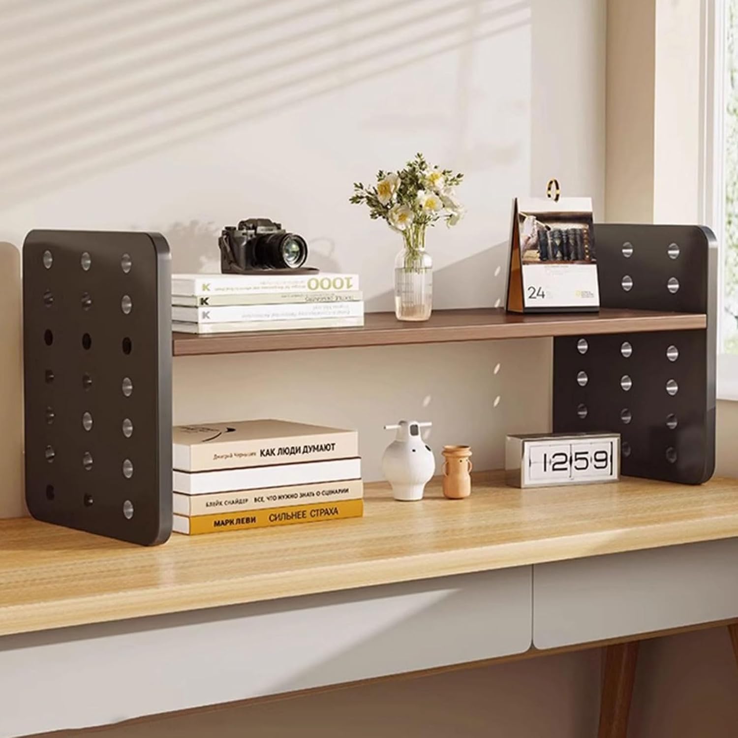 Desk Shelf - Bookshelf Desk Organizers and Accessories Wood Display Desk Shelf with Side Hole Plate Stackable Desk Shelves for Dormitory () image 2