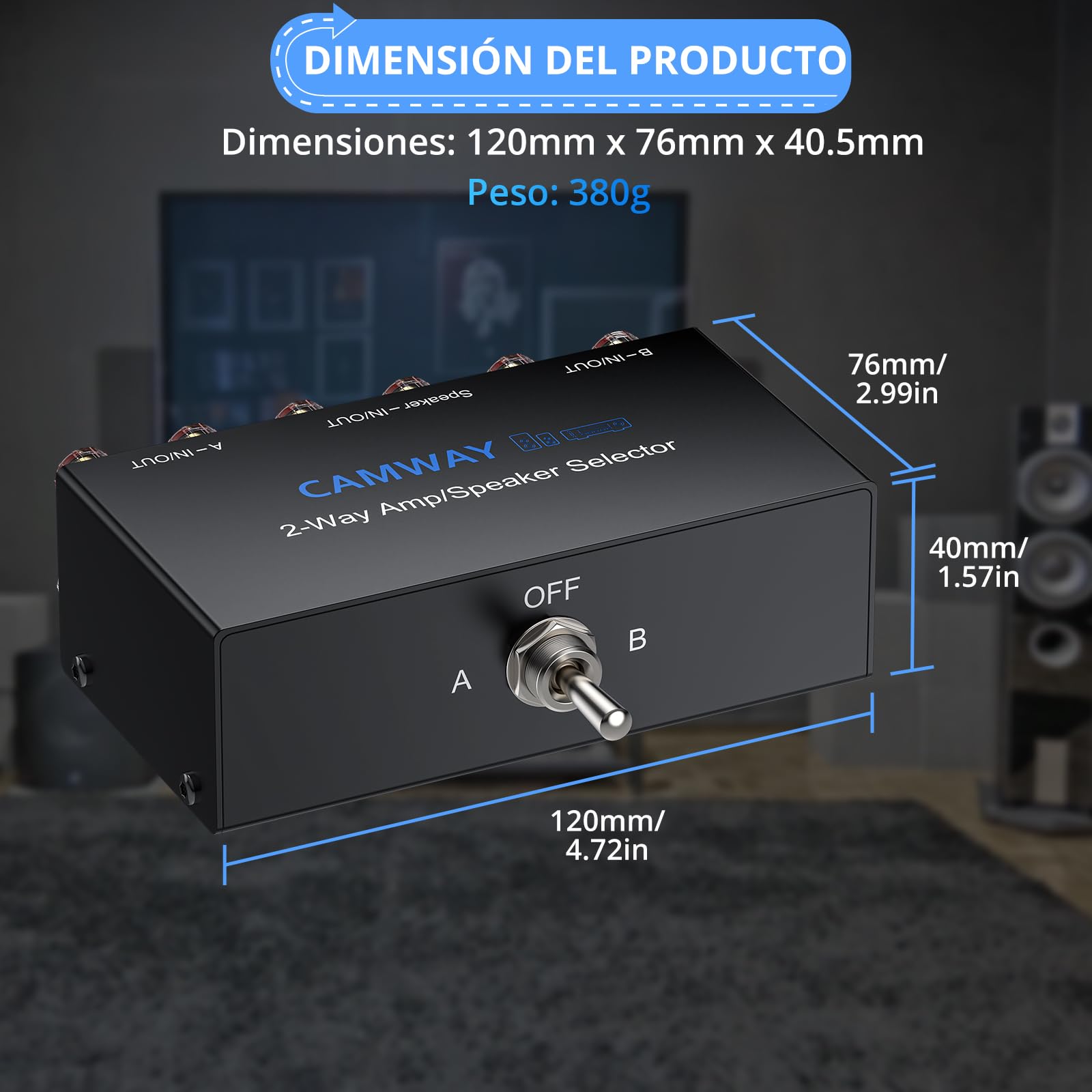 CAMWAY Conmutador de Audio Bidireccional 2 In 1 out / 1 In 2 out, Selector de Amplificador/Altavoz con Interruptor Mecánico (A/B/Off), Conectores Banana Chapados en Oro,Plug and Play