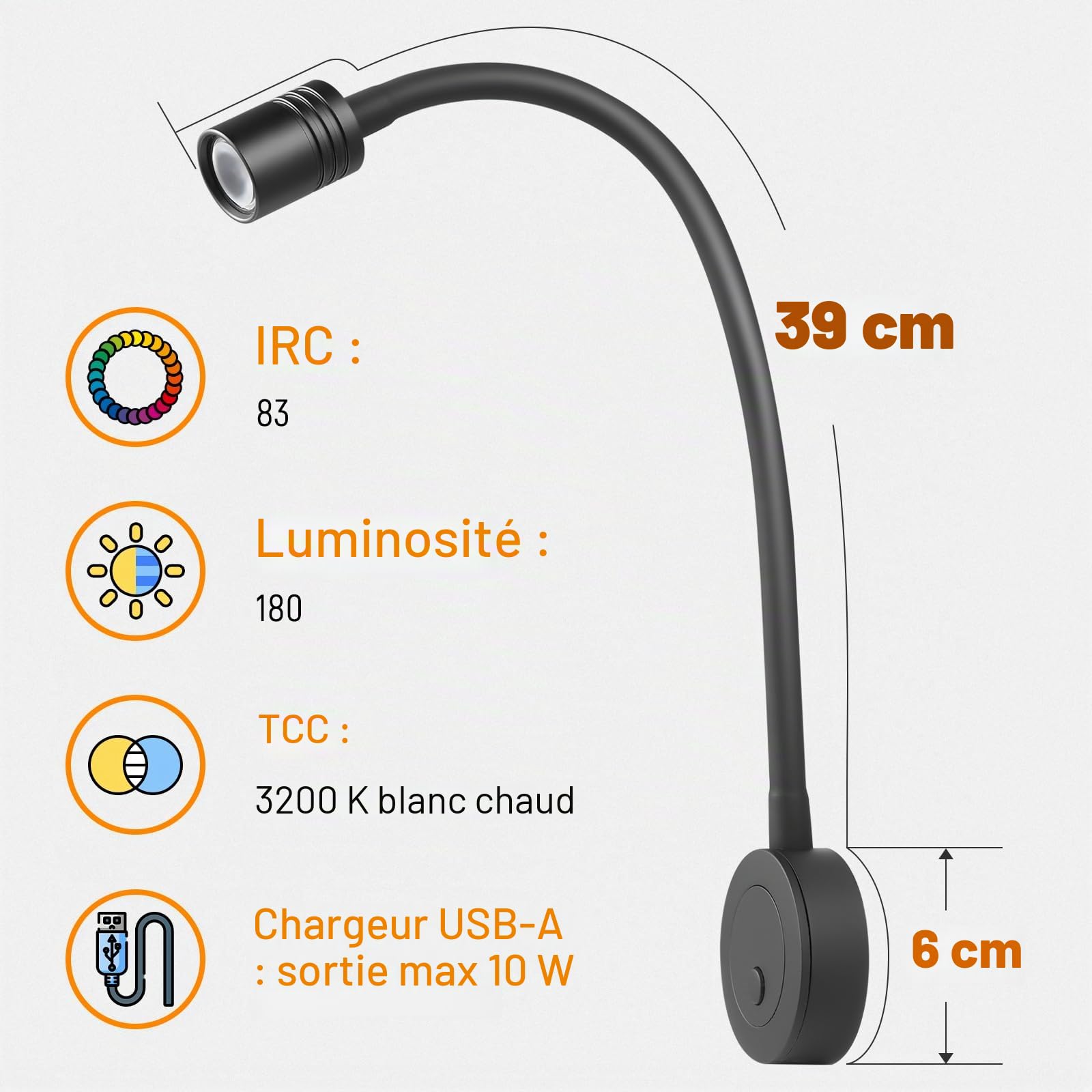 Lampe de Lecture 12V LED Spot Camping-Car Flexible Col de Cygne Luminosité Réglable Applique Murale 3200K pour Bateau Caravane Voiture Camion, avec Chargeur USB&Variateur Interrupteur(Noir)