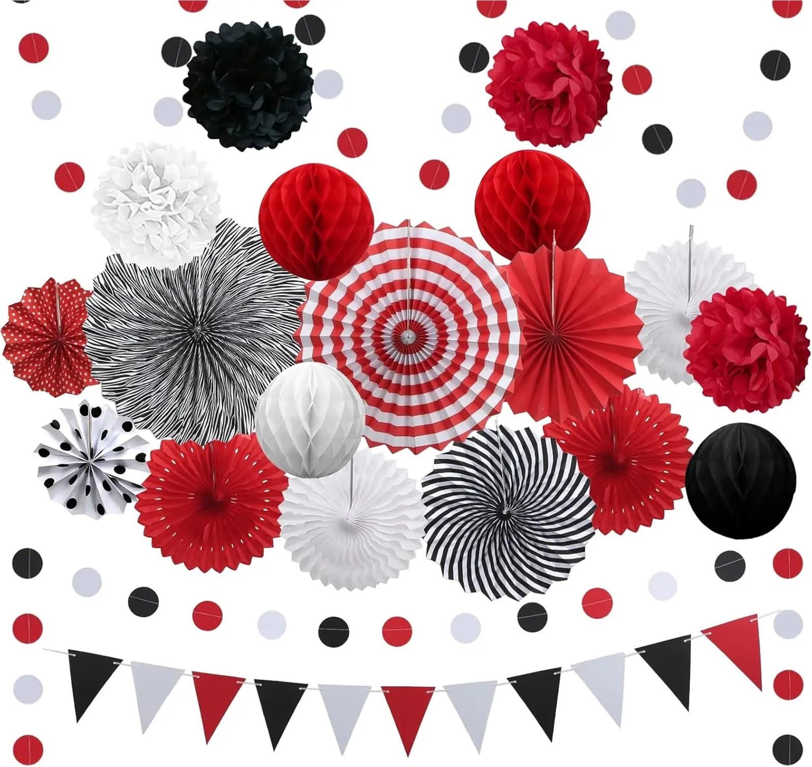 23 pièces : guirlande de pompons, fleurs, éventails en papier, pois, triangles et fanions décoratifs for une fête d'anniversaire ou remise diplômes(Red black white)