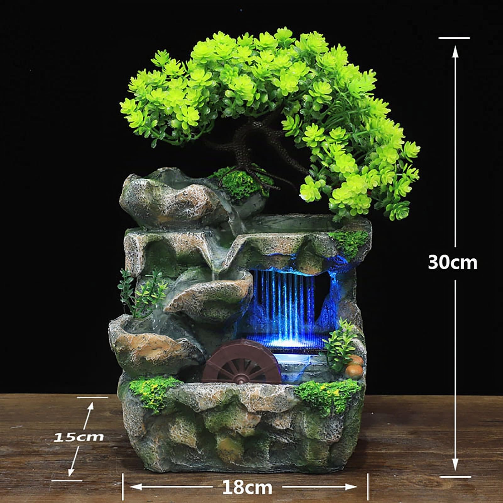 Fuente de interior HarBin-Star con iluminación LED, fuente de mesa en cascada, fuente con planta verde, fuente de jardín de resina, fuente de escritorio de 18 x 15 x 30 cm