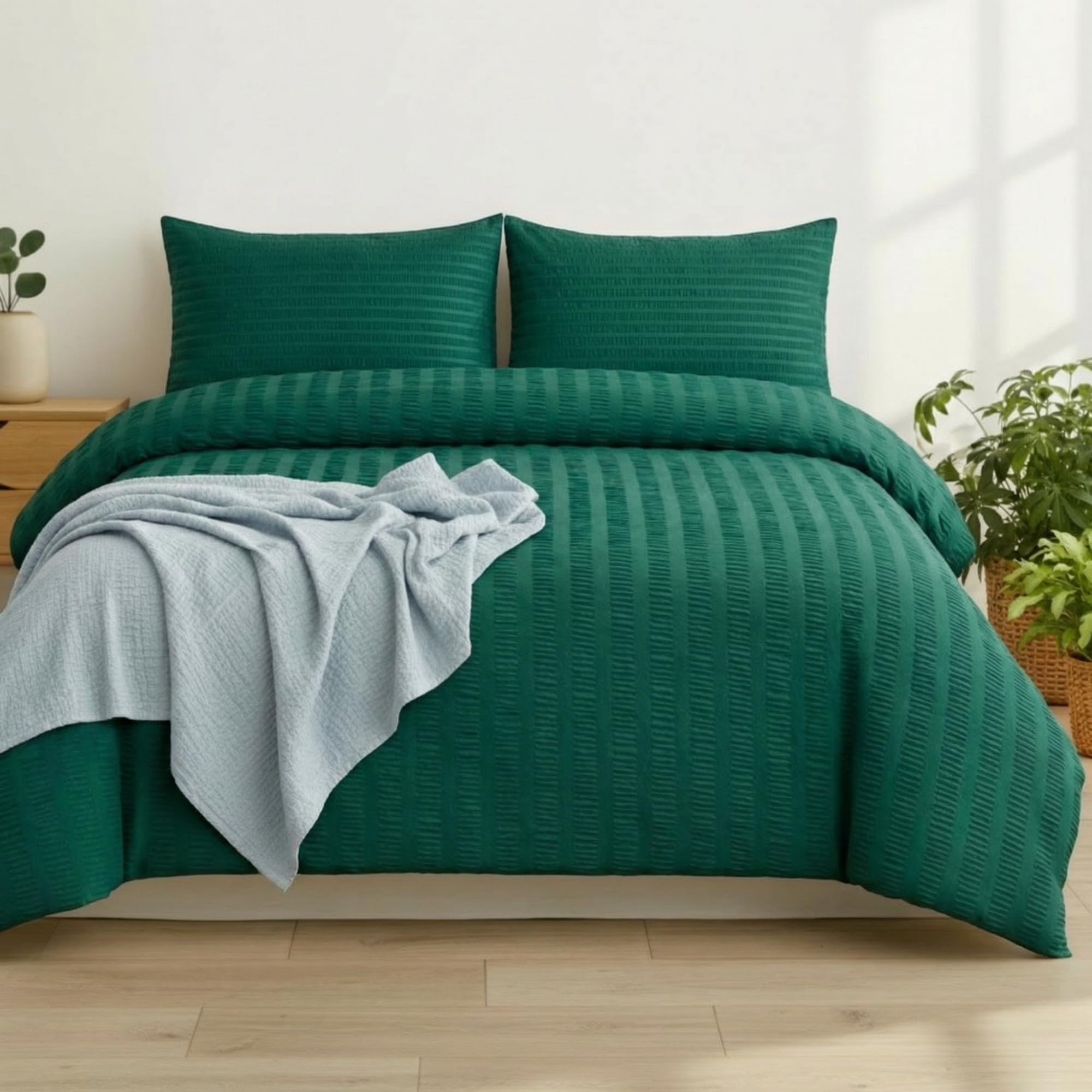 Q&H Bedding Single Seersucker Duvet Cover Set - Emerald Green Quilt Cover Brushed Microfiber with Pillowcase - Multiple Sizes Complete Bedding Set - Soft & Breathable, Easy Care & Machine Washable — image 1