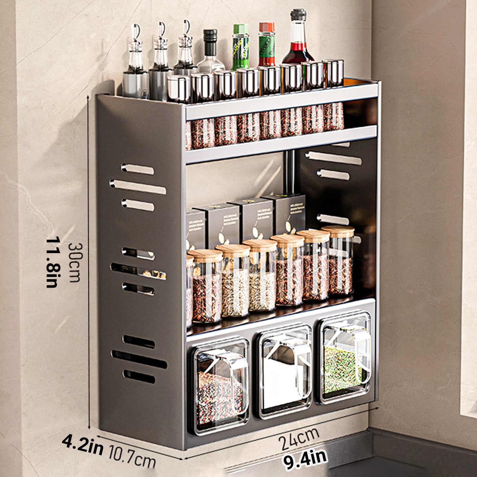 Gewürzregal aus robustem Edelstahl (24 x 10,7 x 12,3 cm) zur Wand- oder Arbeitsplattenmontage für optimale Küchenorganisation
