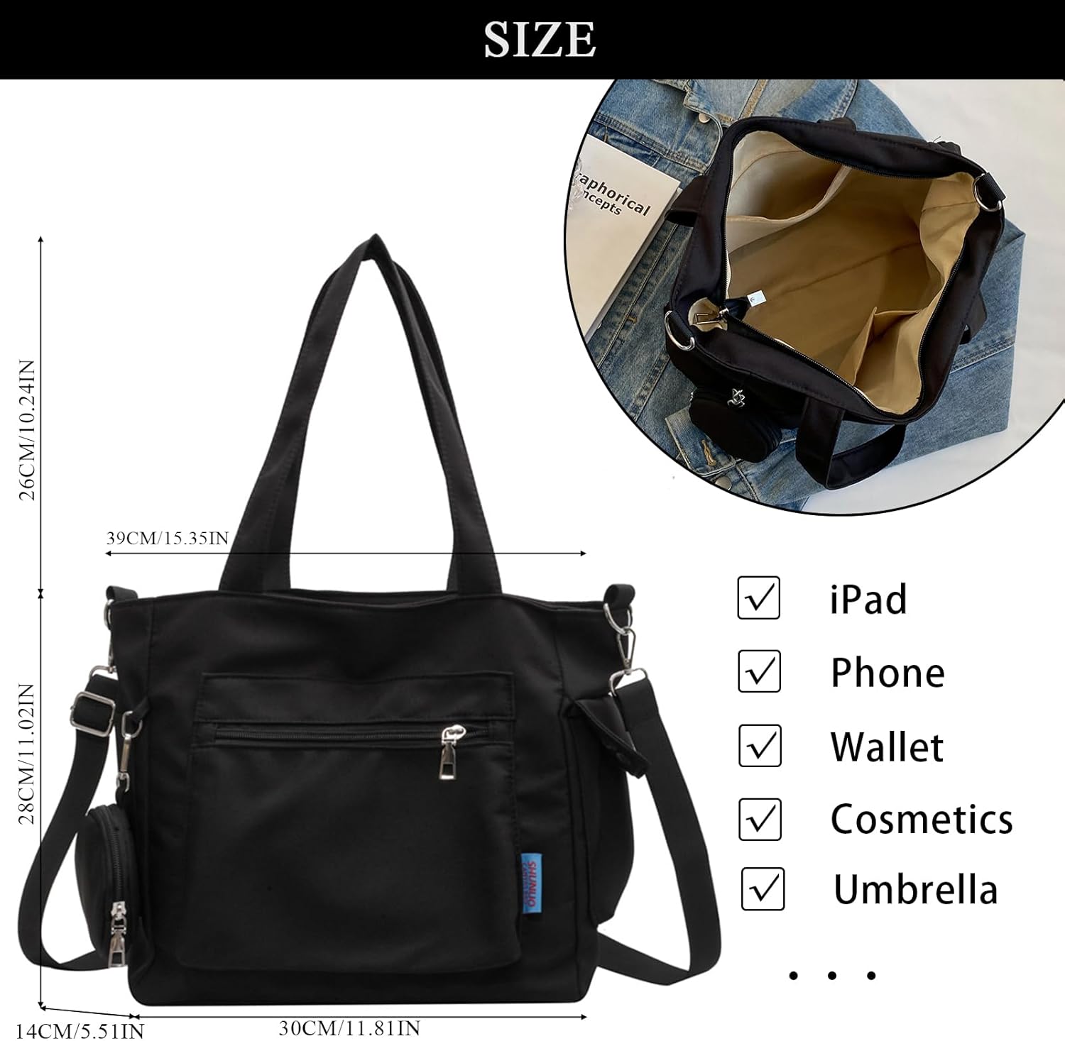 Canvas Tote Bag Large Women's Top-Handle Crossbody Purses Handbags Designer Totes with Zipper for Work Travel (Black) - Image 4