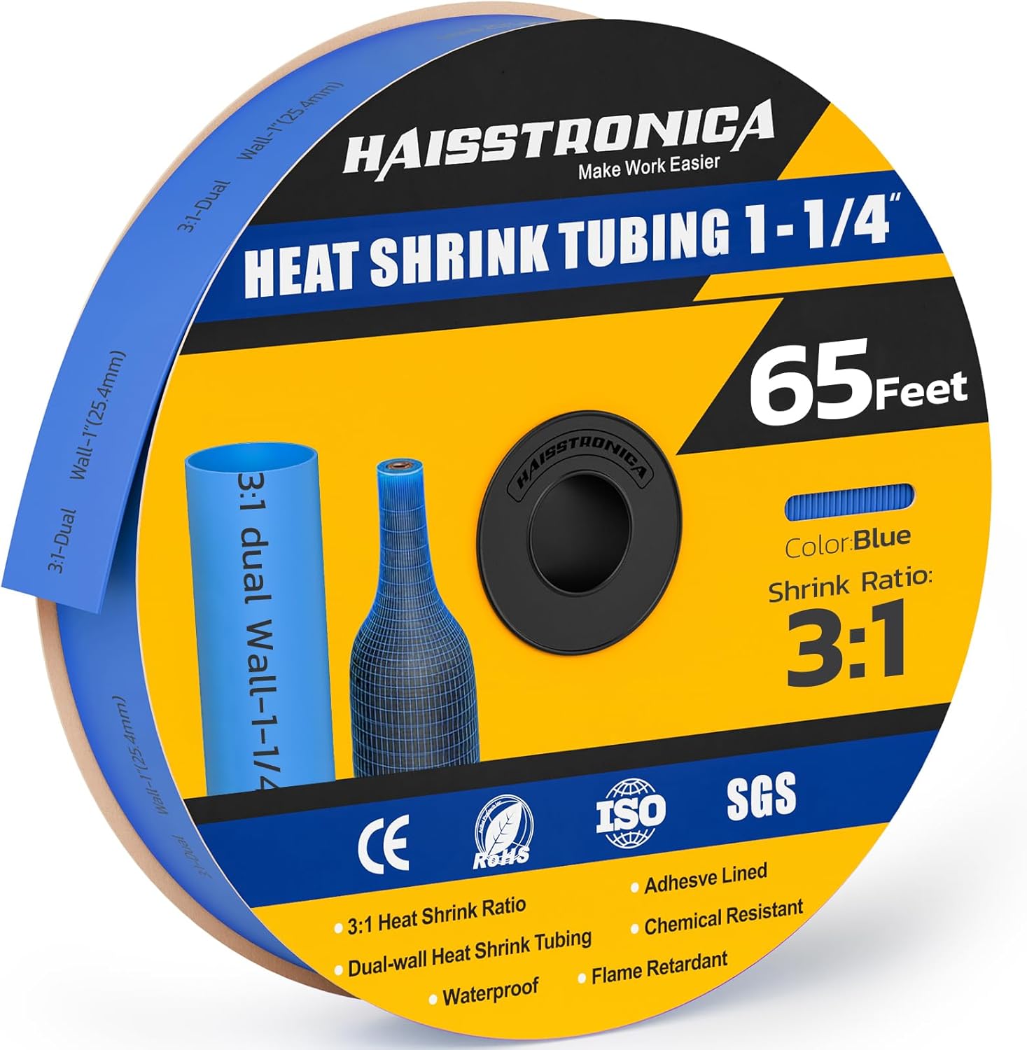 haisstronica 3:1 Heat Shrink Tubing, Shrink Ratio Adhesive Lined Marine Grade Heat Shrink Tube for Home, Automotive and Industrial (Blue) 65FT 1-1/4inch