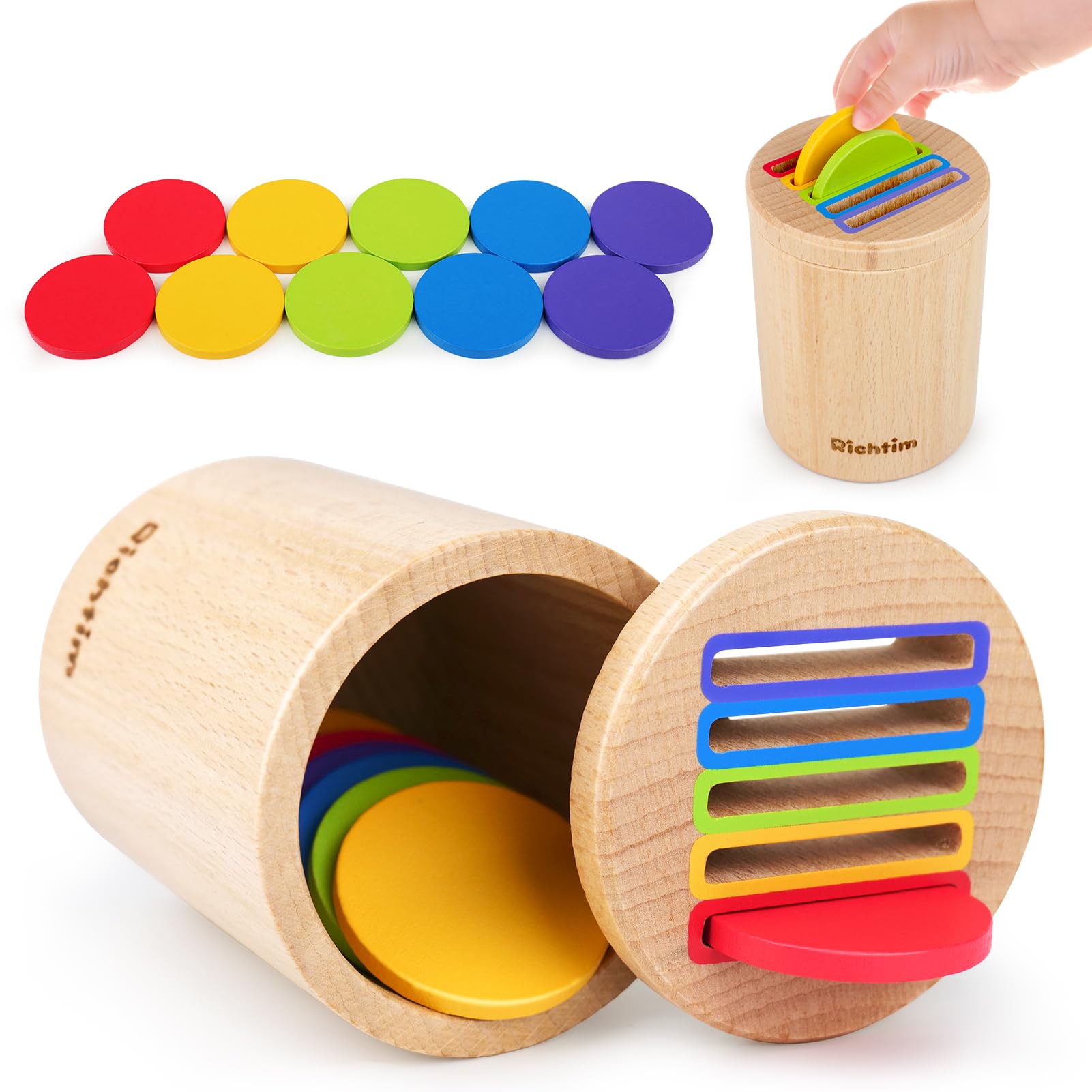 Richtim Montessori Toys for 1 2 3 Year Old: Wooden Color Sorting Coin Box Toys for Toddlers Age 1-3, Educational Learning Sensory Games for Baby Kids, 12-36 Month Old Boys Girls Matching Gifts