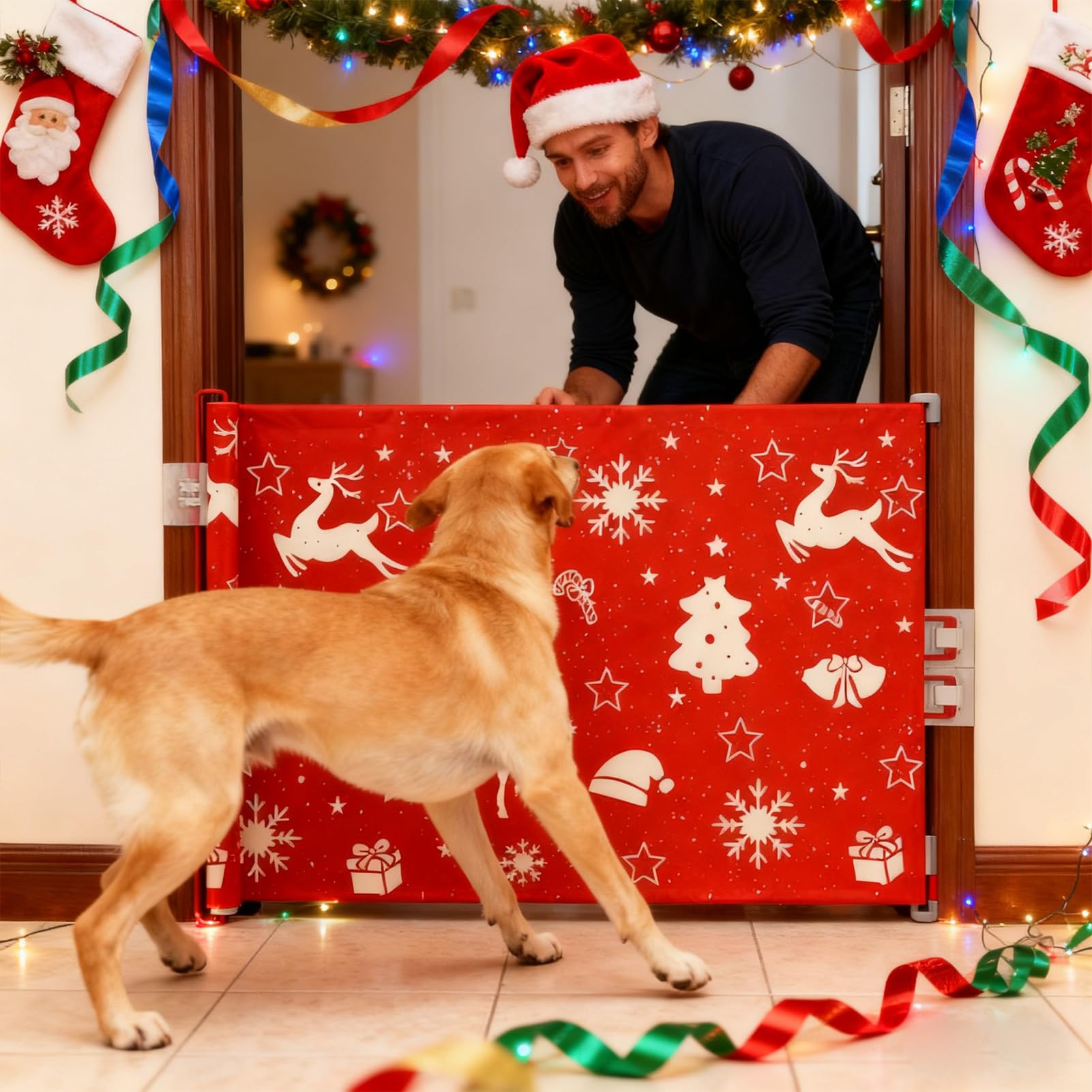 Rejilla para perros extensible, segura para niños, decoración navideña | Puerta de rejilla para gatos, armario interior para dormitorio, cocina, apartamento, exterior, pasillo, terraza, balcón
