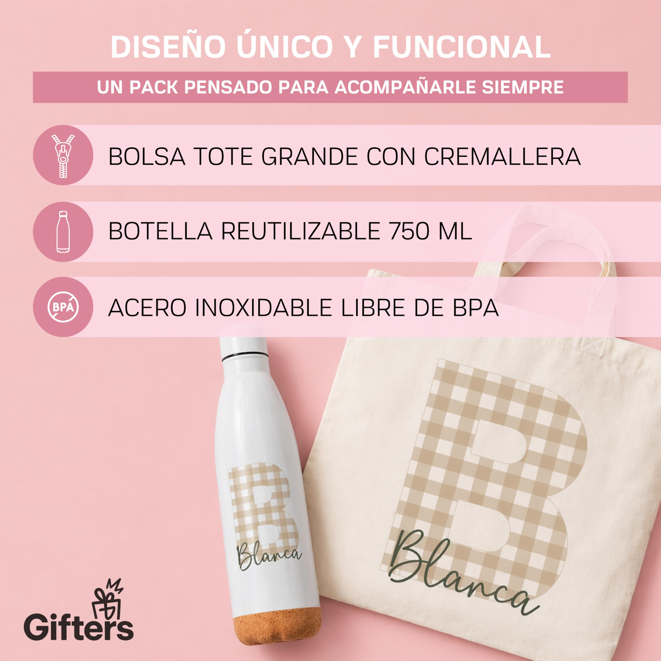 Gifters | Pack Bolsa y Botella Personalizadas con Inicial y Nombre | Estampado Cuadros Vichy | Tote Bag + Botella Acero Inoxidable 750 ml | Regalo Original Mujer, Amiga, Madre, Navidad, Cumpleaños