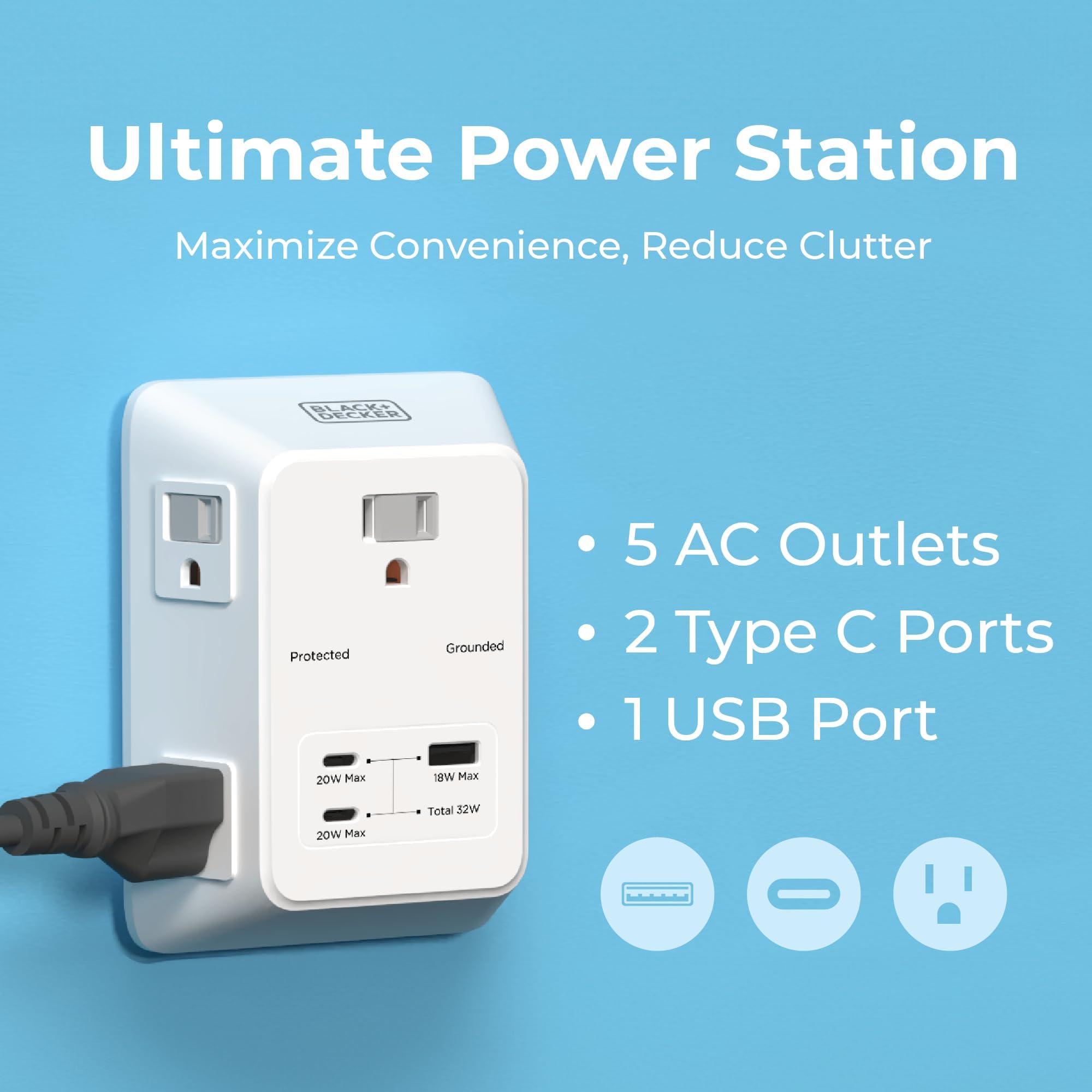 BLACK+DECKER PD USB Wall Charger Surge Protector, 5 Outlet Extender w/ 2 USB C PD & 1 USBA Charging Ports, Fast Charge 3 Sided Power Strip Multi Plug Outlets Wall Adapter for Home Office, ETL Listed