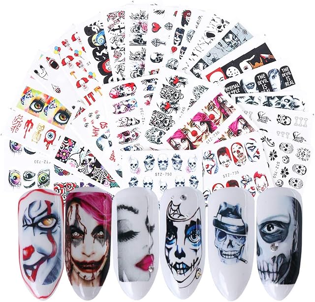 25 Sheets Halloween Nail Stickers Day of The Dead Water Transfer Nail Decals Skull Ghost Eye Hulk Clown Witch Nail Art Stickers Halloween Party Supply Favors Nail Tips Charms Decoration 