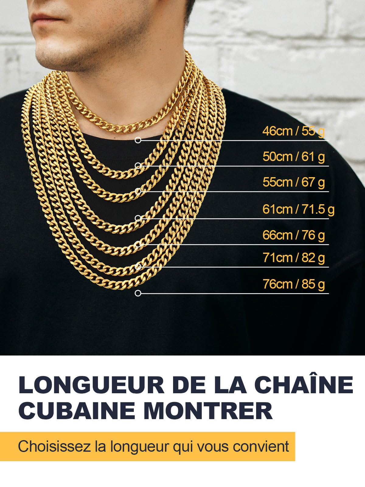 U7 Largeur 3/6/9MM Chaîne pour Homme Femme Acier Inoxydable，Taille 36-76cm, Bijoux Colliers Cadeaux pour Anniversaire Fêtes des Pères