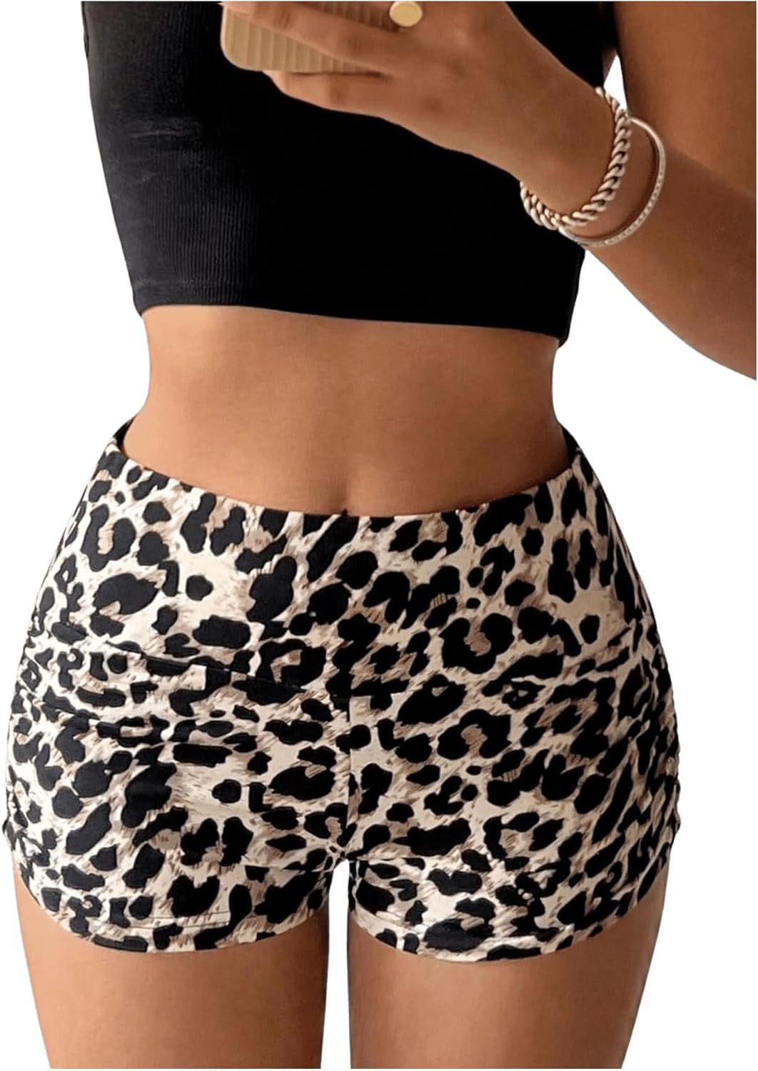 WDIRARA Women's Leopard Print Ruched High Waisted Shorts Y2k Mini Shorts