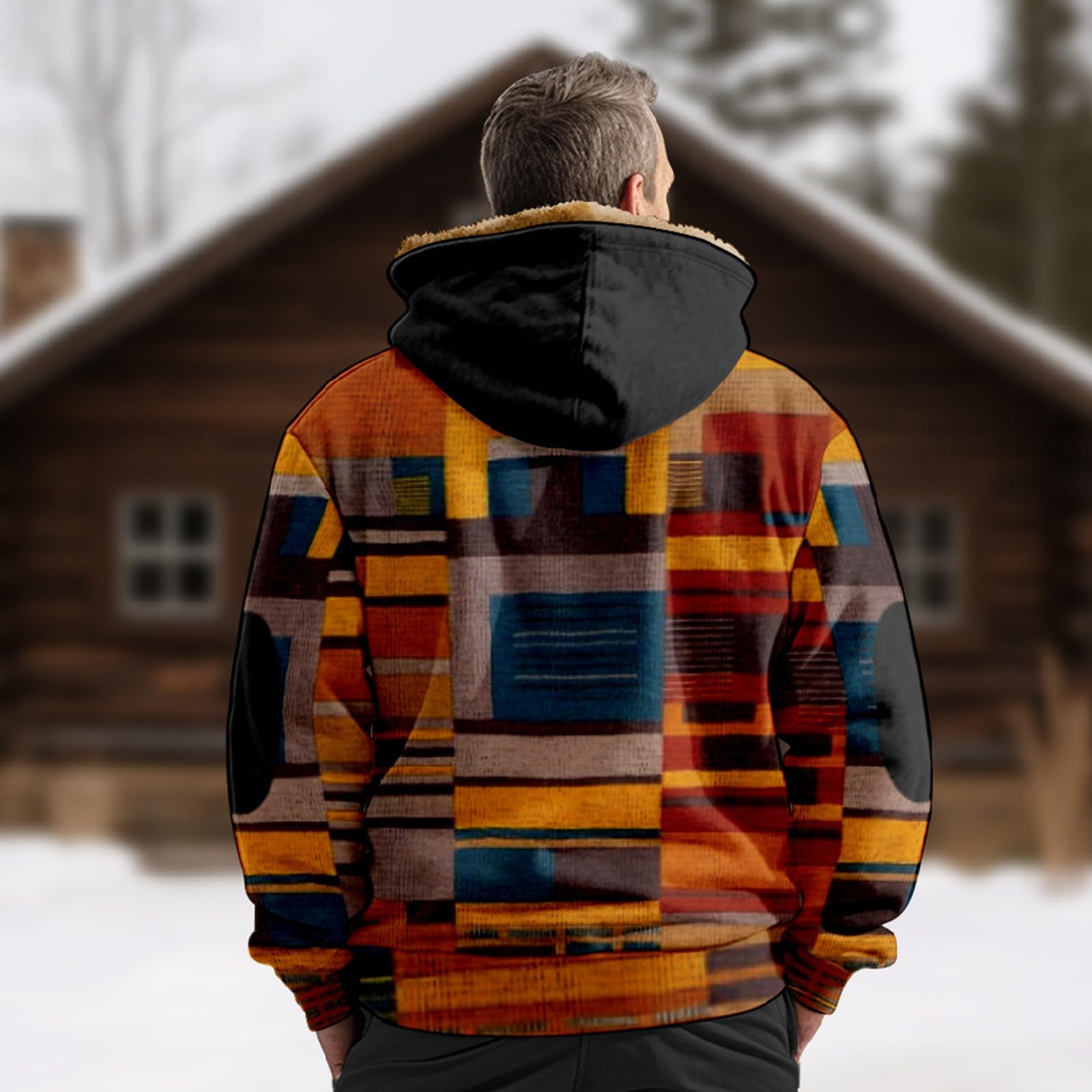 SOOUICKER Fleecejacke Herren Kapuze Sweatjacke Herren Gefüttert Zip Hoodie Herren mit Print Fleecejacke Herren Kariert Vintage Sweatjacke Herren Fleece Hoodie Herren mit Reißverschluss