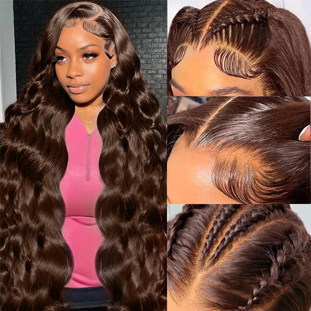 Chocolate Brown Lace Front Wig Human Hair 34inch 13x6 HD Lace Frontal Wigs 200 Density Body Wave Human Hair Wig Glueless Chocolate Brown Wig Human Hair pre Plucked Colored Wigs for Women