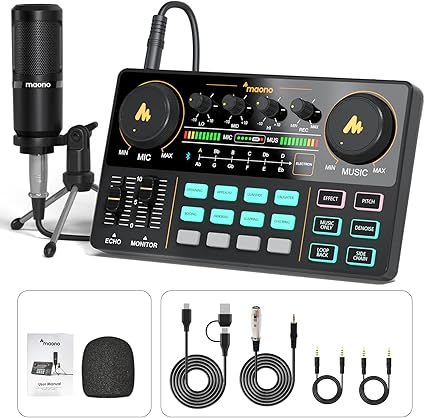 MAONO Podcast Equipment Bundle Audio mixer All-in-One Podcast Production Studio with 3.5mm Microphone for Live Streaming, Recording, PC, Smartphone, DJ MaonoCaster Lite (AU-AM200-S1)