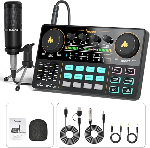 MAONO MaonoCaster Lite AU-AM200-S1 All-in-One Podcast Equipment Set with 3.5mm Microphone for Live Streaming, Podcast Recording, PC, Smartphone