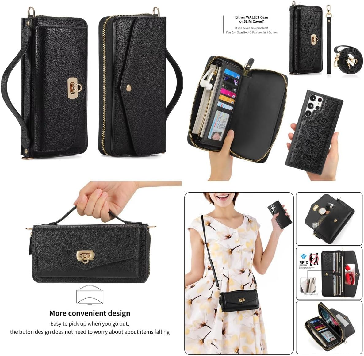 Compatible for Samsung Galaxy S23 Plus Phone Case Wallet for Women,Detachable Magnetic Phone Case,RFID Blocking Card Holder,Crossbody Strap Wristlet Case for Galaxy S23 Plus.Black