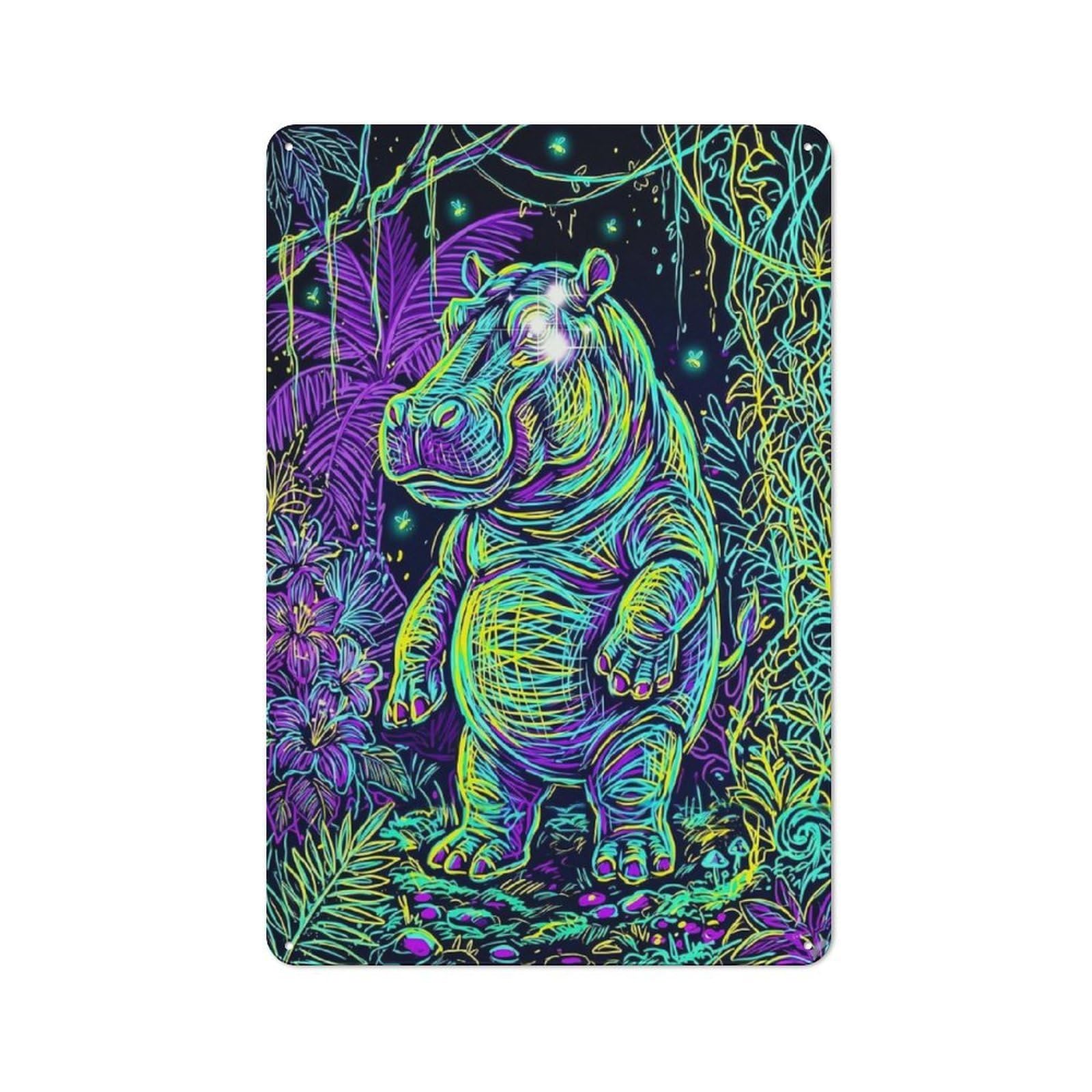 Metal Wall Sign 30x20cm Featuring Vibrant Neon Hippo Jungle Graffiti for Living Room Wall, for Feature Wall Decorators