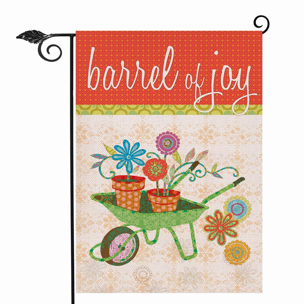 Hzppyz Barrel of Joy Garden Flag Double Sided, Spring Summer Gardening Cart Flower Decorative House Yard Outdoor Small Burlap Flag Decor, Home Outside Seasonal Farmhouse Welcome Decorations 12 x 18