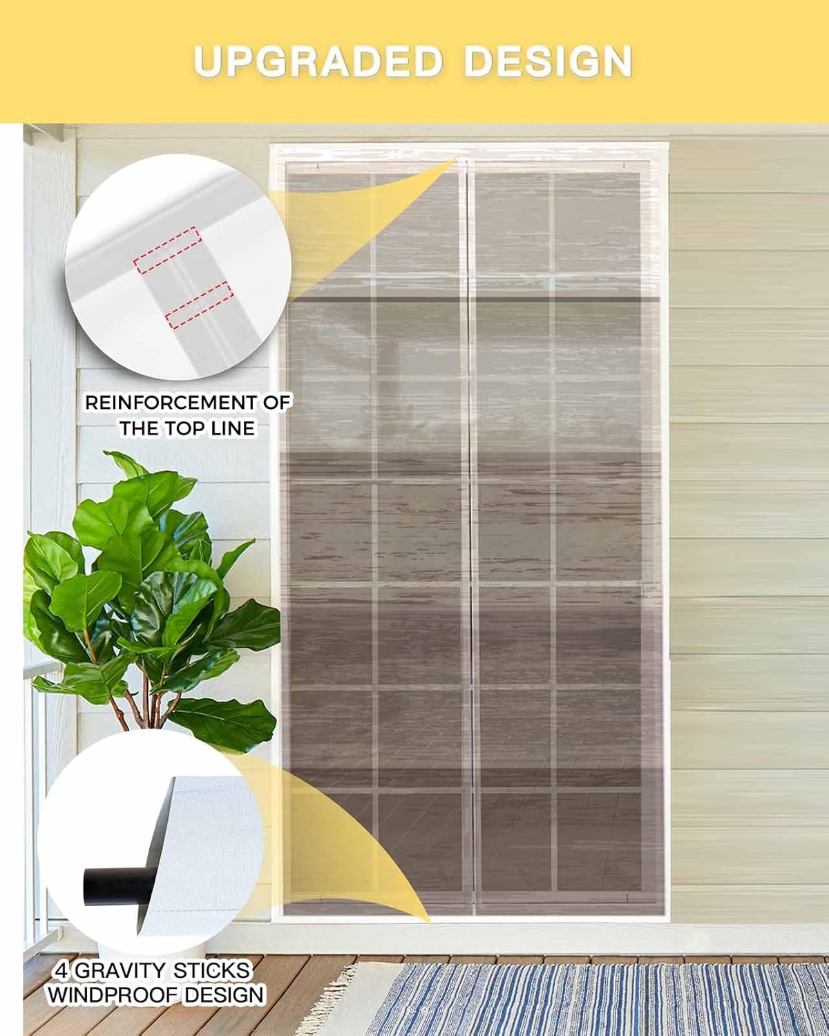 Khaki Ombre Wooden Magnetic Screen Door, Farmhouse Retro Wood Texture Hands Free Screen Mesh Size 38" x 83", Reinforce Heavy Duty Mesh Screen Doors for Patio/Front/Sliding Door