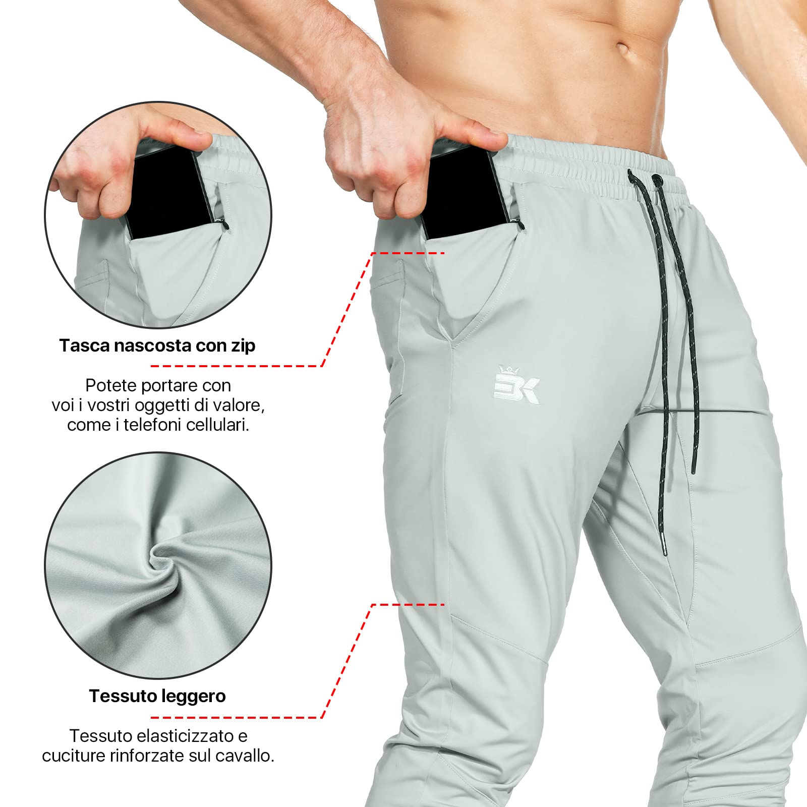 BROKIG Pantaloni Palestra Leggeri Uomo Pantalone Tuta Uomo Elasticità Sportivi con Tasche Zip