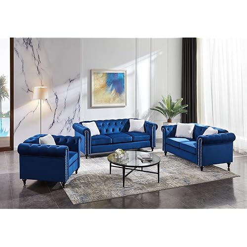 3-Piece Velvet Upholstered Living Room Furniture Set, Including 3-Seater Sofa, Loveseat and Single Sofa Chair with Button and Copper Nail on Arms and Back, Five White Villose Pillows Included, Blue