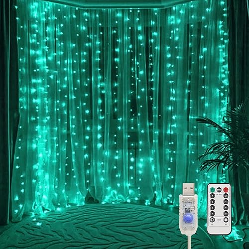 suddus Curtain Lights for Christmas, 200 Led 6.5ft x 6.5ft Hanging String Lights Outdoor, Fairy Curtain Lights for Backdrop, Window, Wall, Party, Garden, Bedroom, Brithday Decorations, Teal - USB-200 LED - Teal