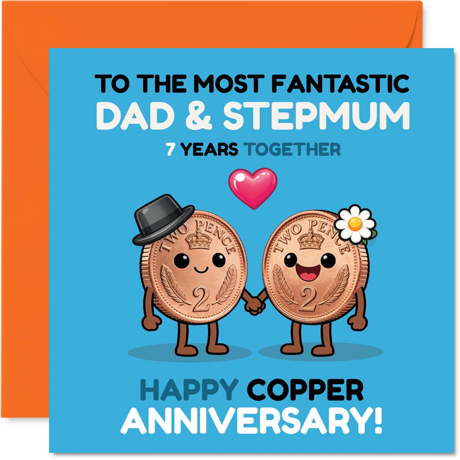 Playful 7th Anniversary Card for Stepmum & Dad - Celebrate Seven Years with a Smile - 145mm Square, Envelope Included