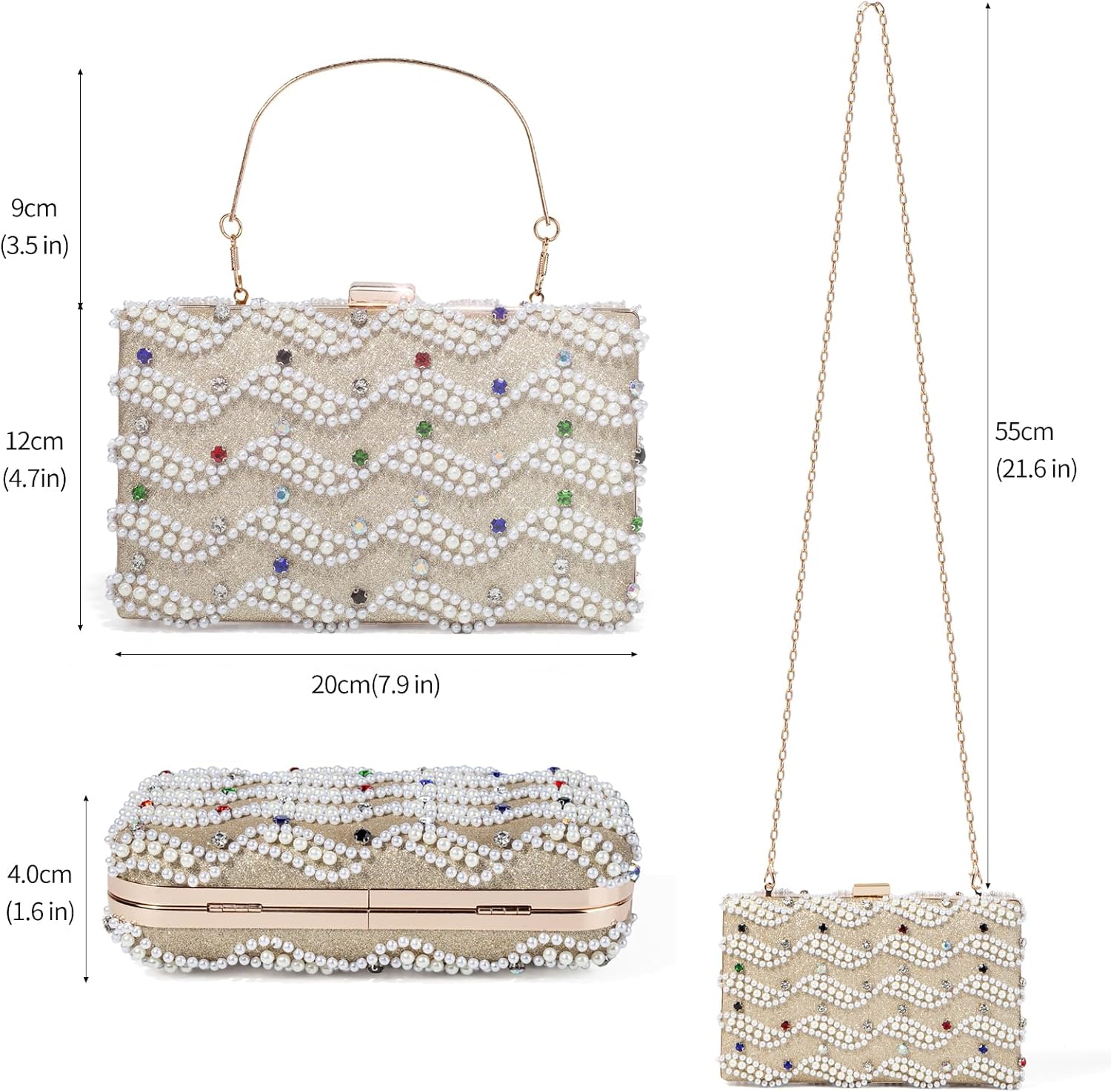 Pearl Rhinestone Evening Clutch for Women- Shimmering Formal Handbag with Detachable Chain for Wedding, Prom | 4-in-1 wearing, Double sided pearls, Handmade inlay