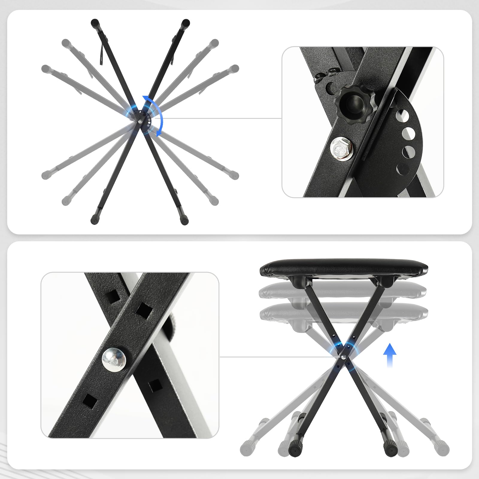 Set Supporto per Tastiera e Sgabello, Doppio X‑Frame, Panchetta Imbottita Regolabile in 4 Posizioni, Stabile e Pieghevole, Cinghie Di Fissaggio Inclusi, Colore Nero