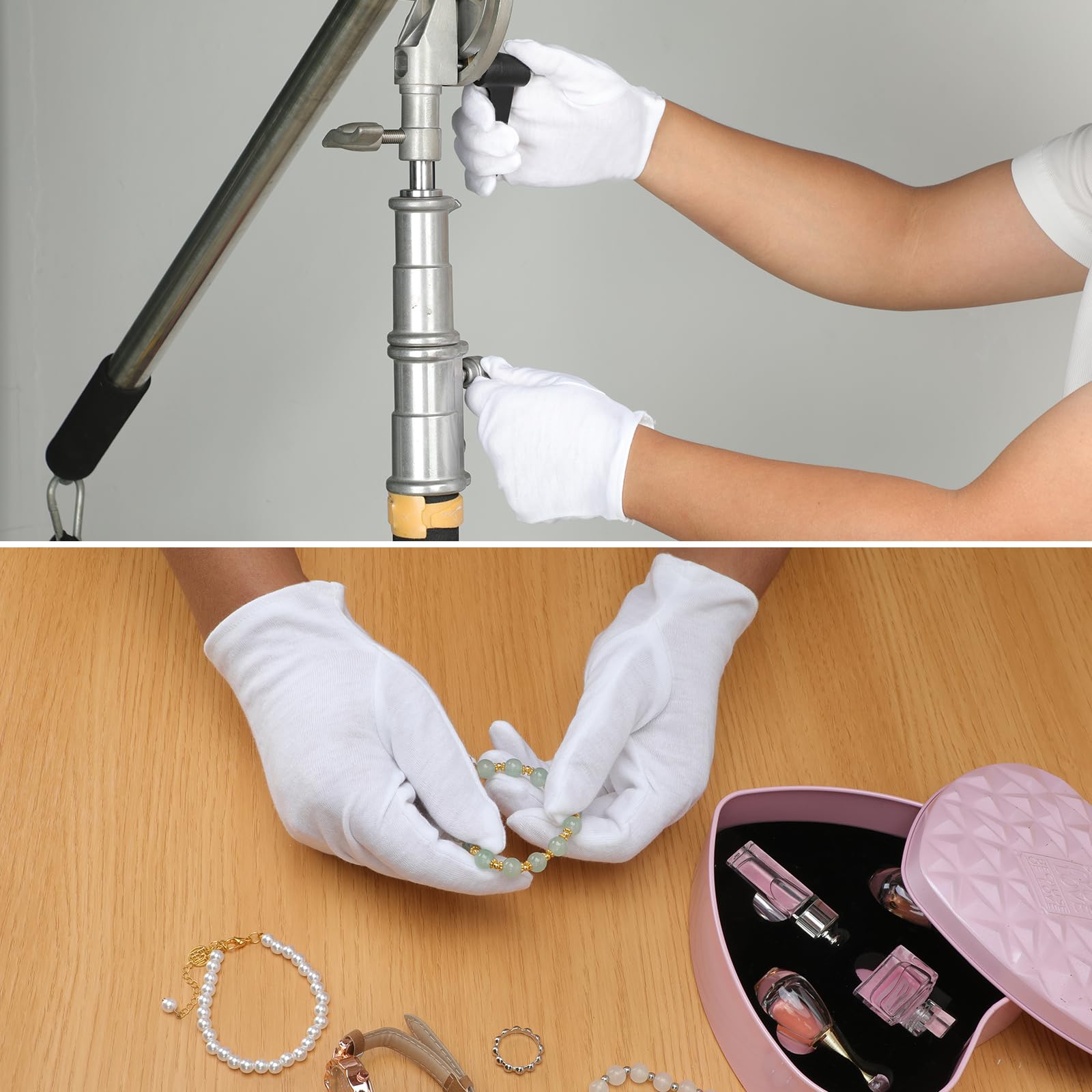 Senkary Lot de 10 paires de gants en coton blanc pour homme et femme, gants de travail en tissu pour la manipulation artistique, la photographie, la photographie, l'inspection de bijoux en pièces de