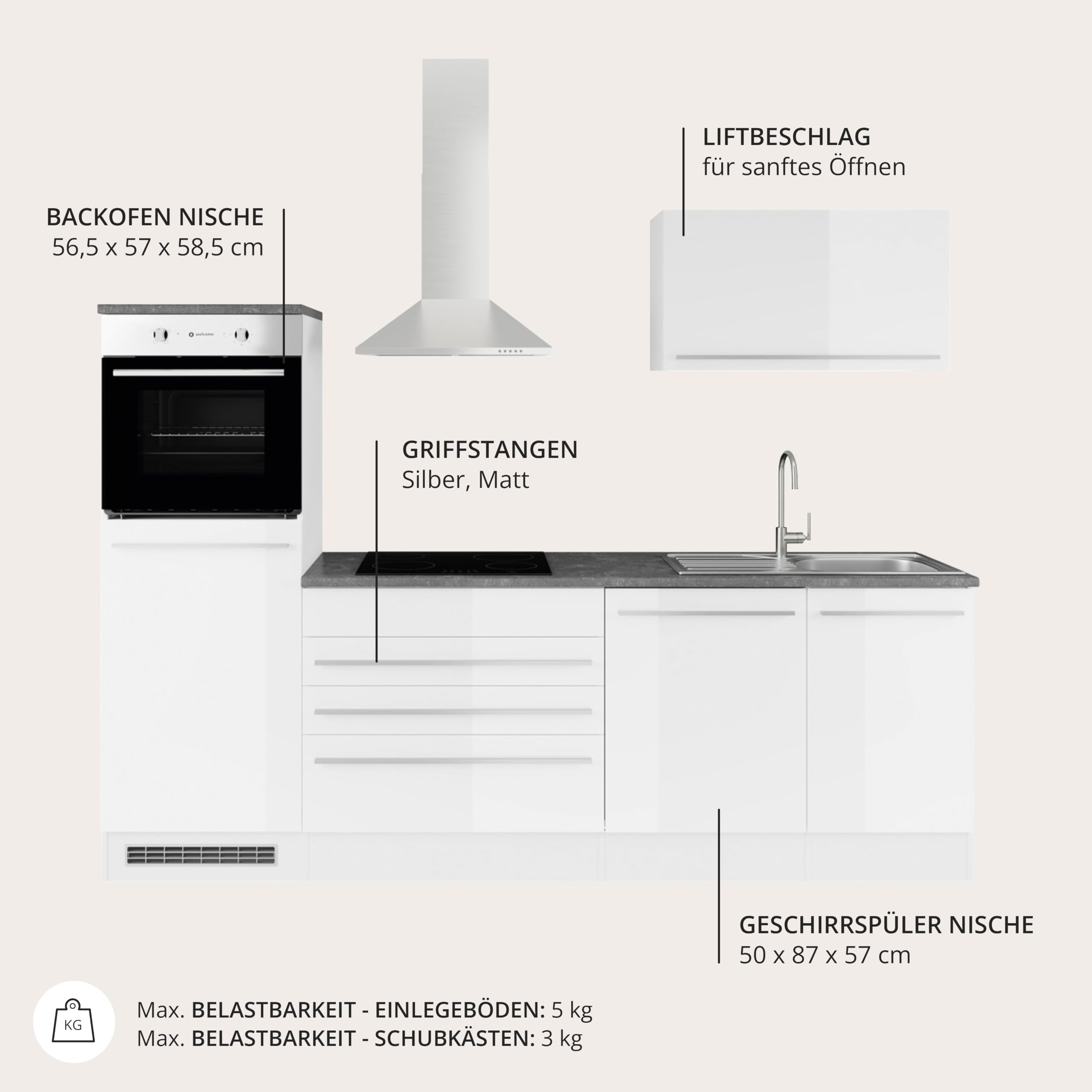 84-131-13 JAZZ Küchenblock Küchenzeile Weiß Hochglanz ohne Geräte ca. 260 x 200 x 60 cm | Küche ohne Elektrogeräte, moderne Küchenzeile, Küchenblock, Umbauschrank für Backofen, Arbeitsplatte Steingrau, Griffleisten