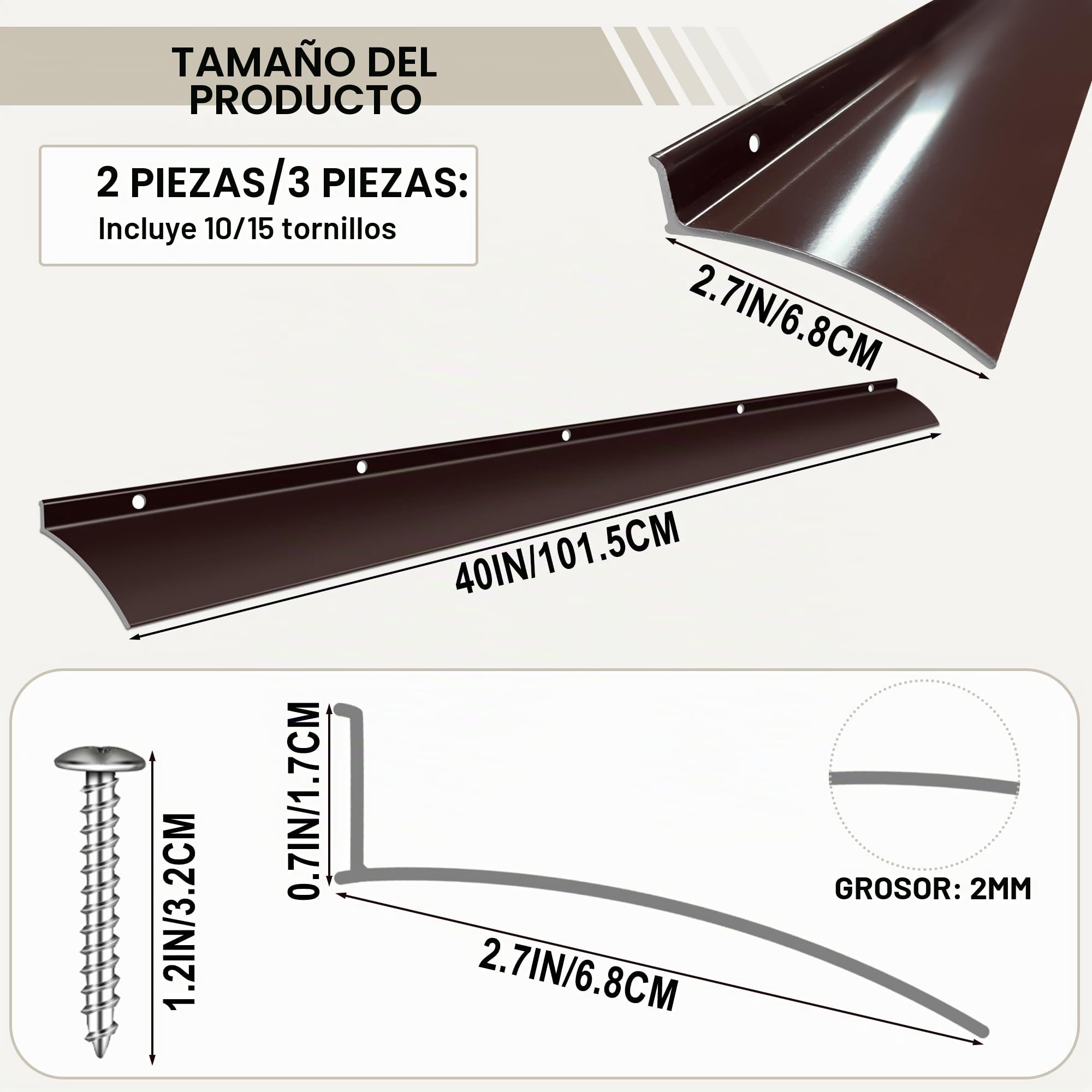 Deflector de lluvia de aluminio anodizado marrón para puerta y ventana, fácil de instalar, desviador de lluvia sobre puerta, 2 piezas de 40 pulgadas