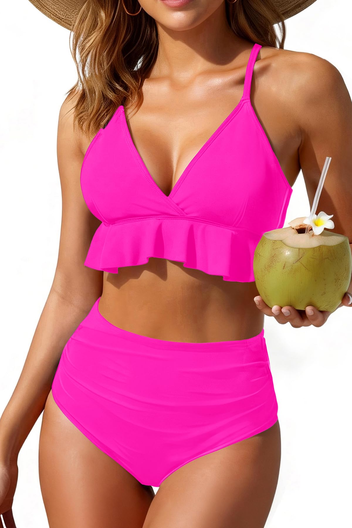 Women Two Pieces High Waisted Ruffle Bikini Set V Neck Printed Swimwear-image-1