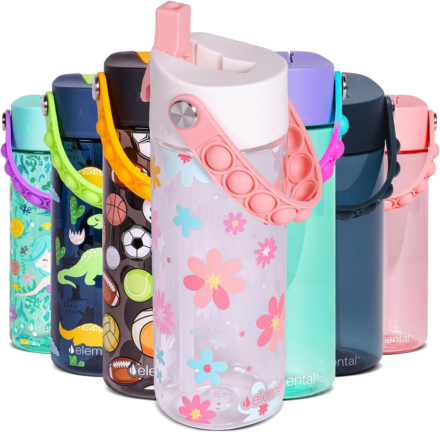 Elemental Water Bottles for Kids - Splash Kids Water Bottle for School with Pop-it Handle - BPA Free Tritan Plastic Water Bottle with Straw Leak Proof when Spout is Closed- Spring Blossom Clear-18oz